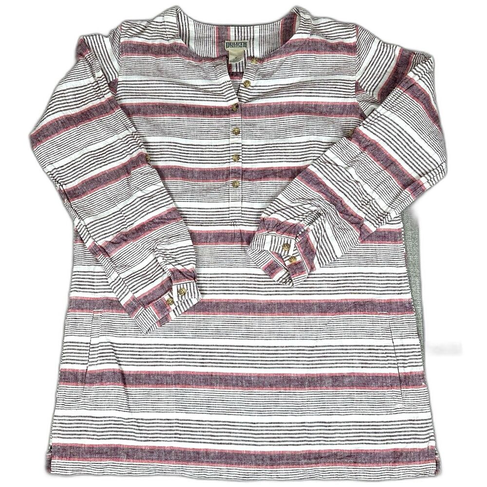 Duluth Trading Womens M Red Striped Tunic Shirt Roll Sleeve Hemp Cotton Blend